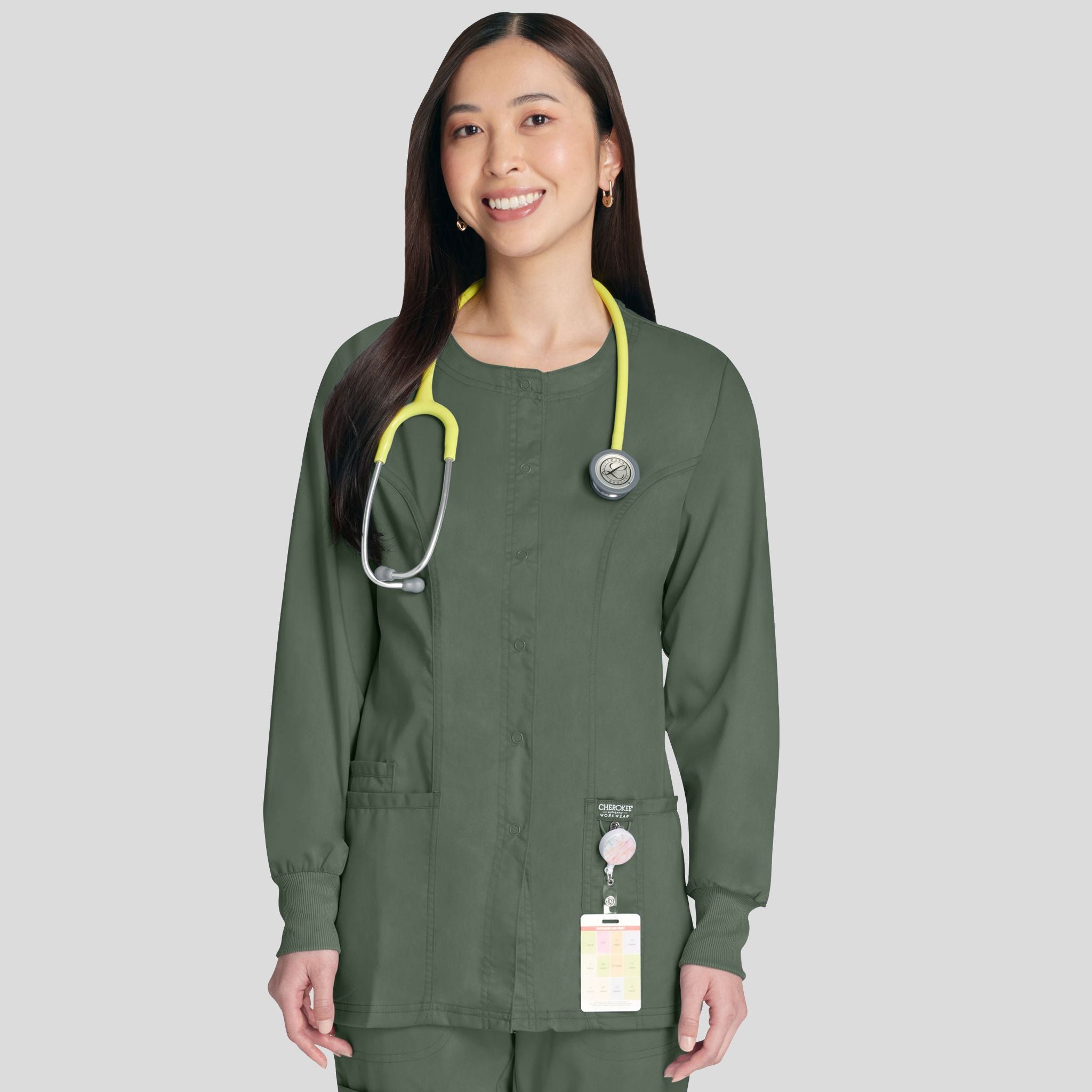 Women's Snap Front Solid Scrub Jacket | Olive