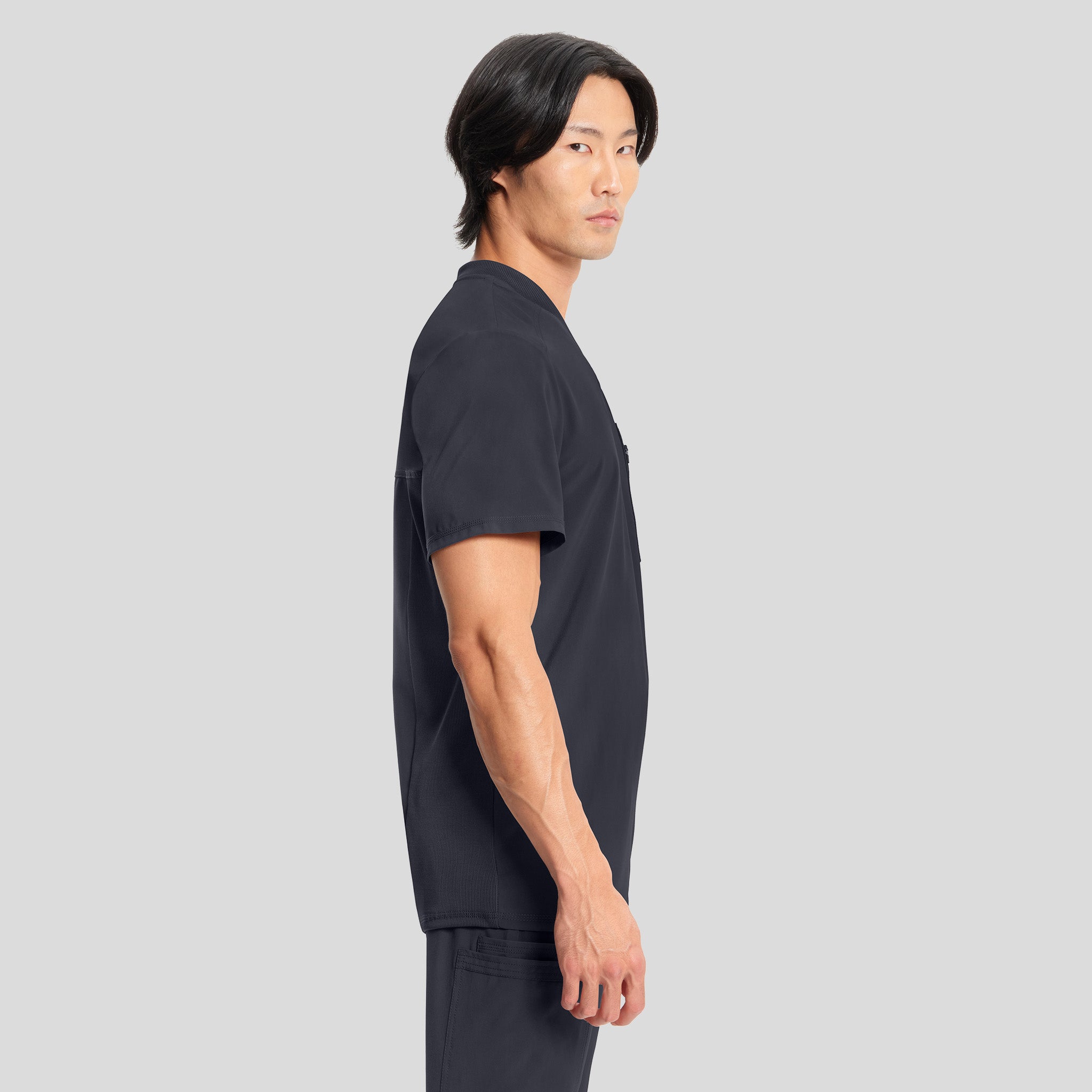 Men's V-Neck Knit Panel Solid Scrub Top | Pewter