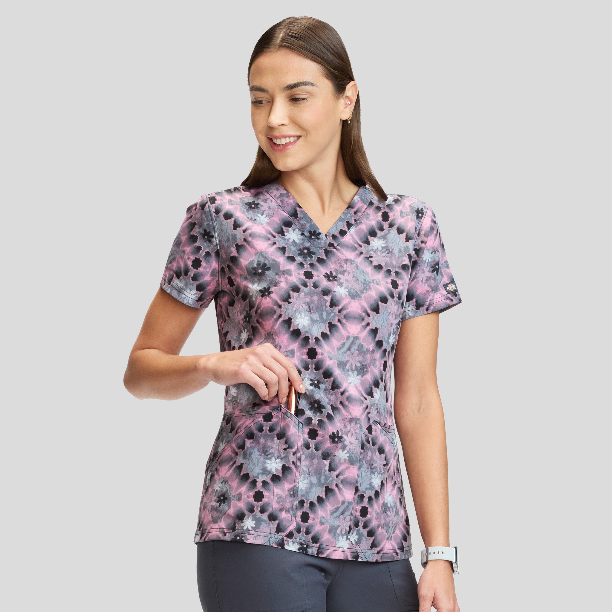 Women's Tie Dye Buds Print Scrub Top