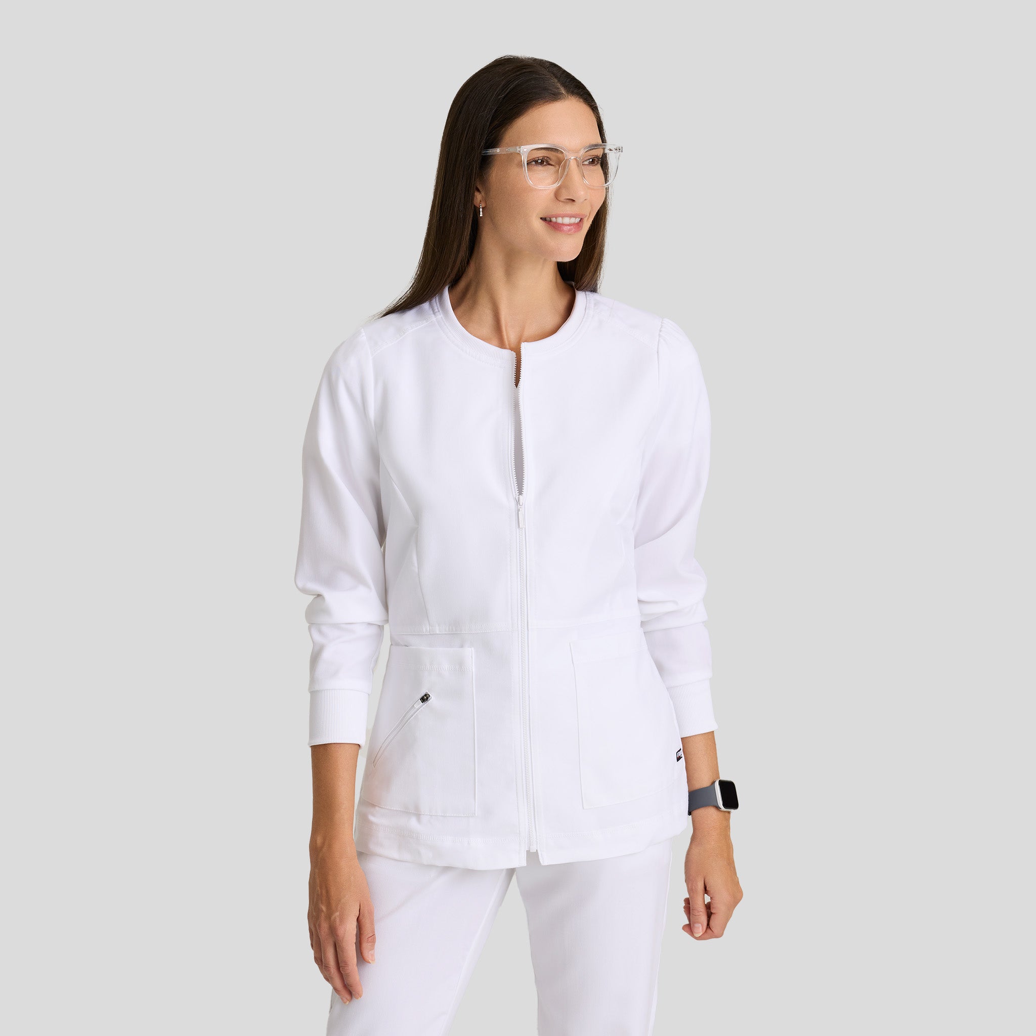 Millie 3-Pocket Crewneck Scrub Jacket | White