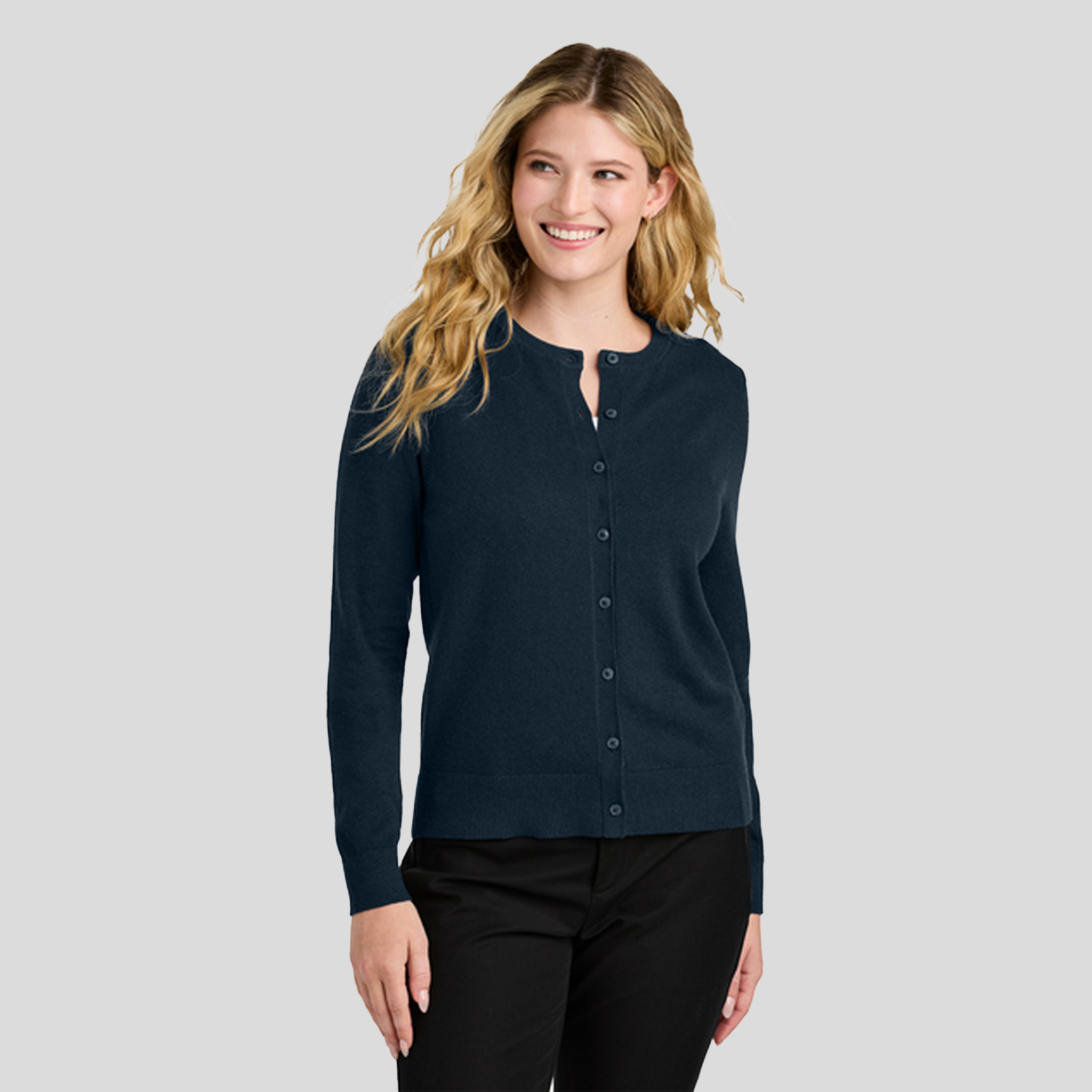 Women’s Easy Care Crewneck Cardigan Sweater | River Blue Navy